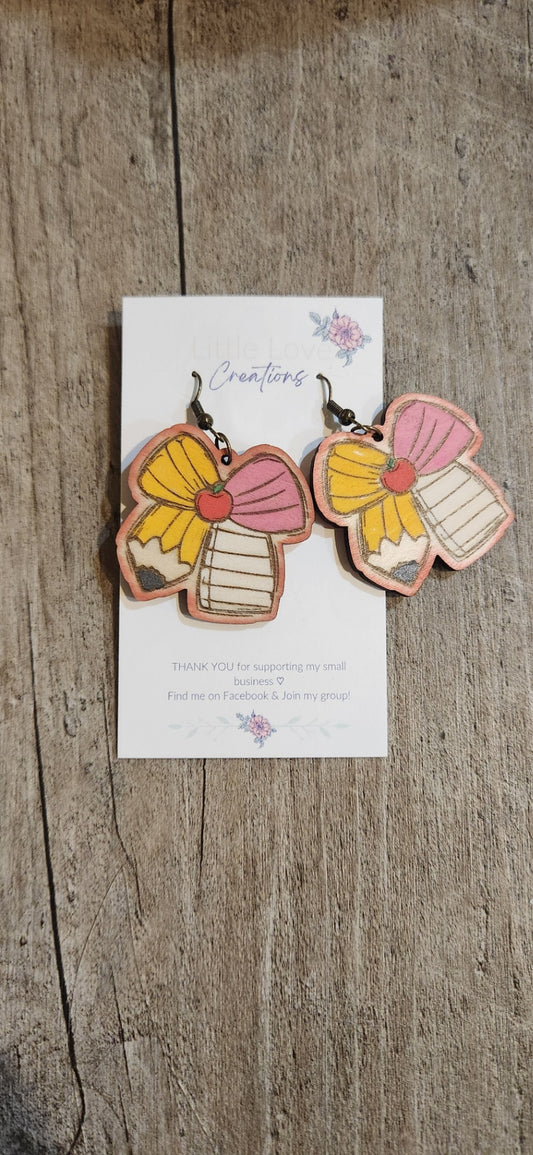 Wood Pencil Bow Dangle Earring