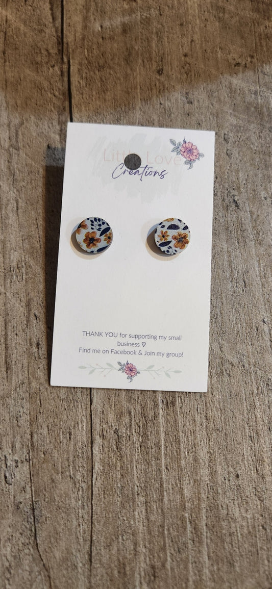Printed Wood 12mm Floral Stud Earring 
