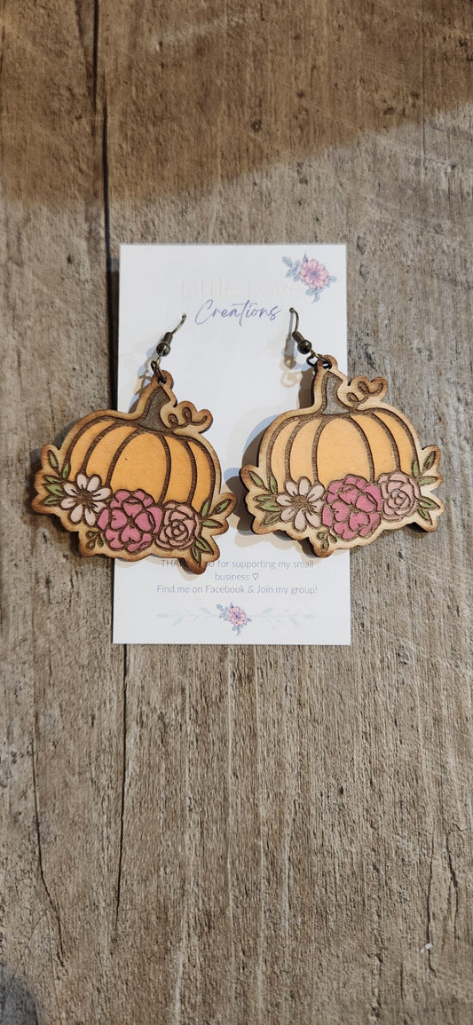 Wood Pumpkin with Flowers Dangle Earring 