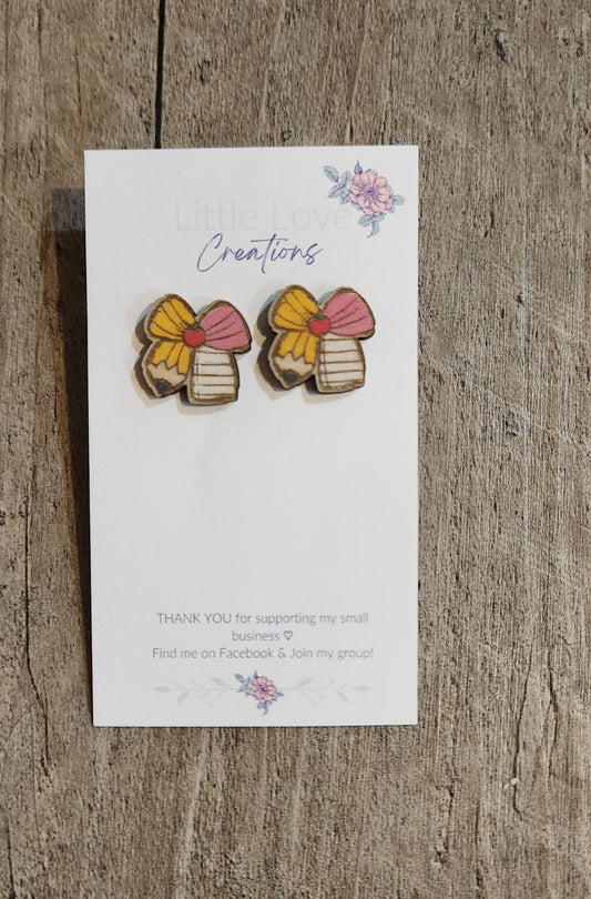Wood Pencil Bow Stud Earring 