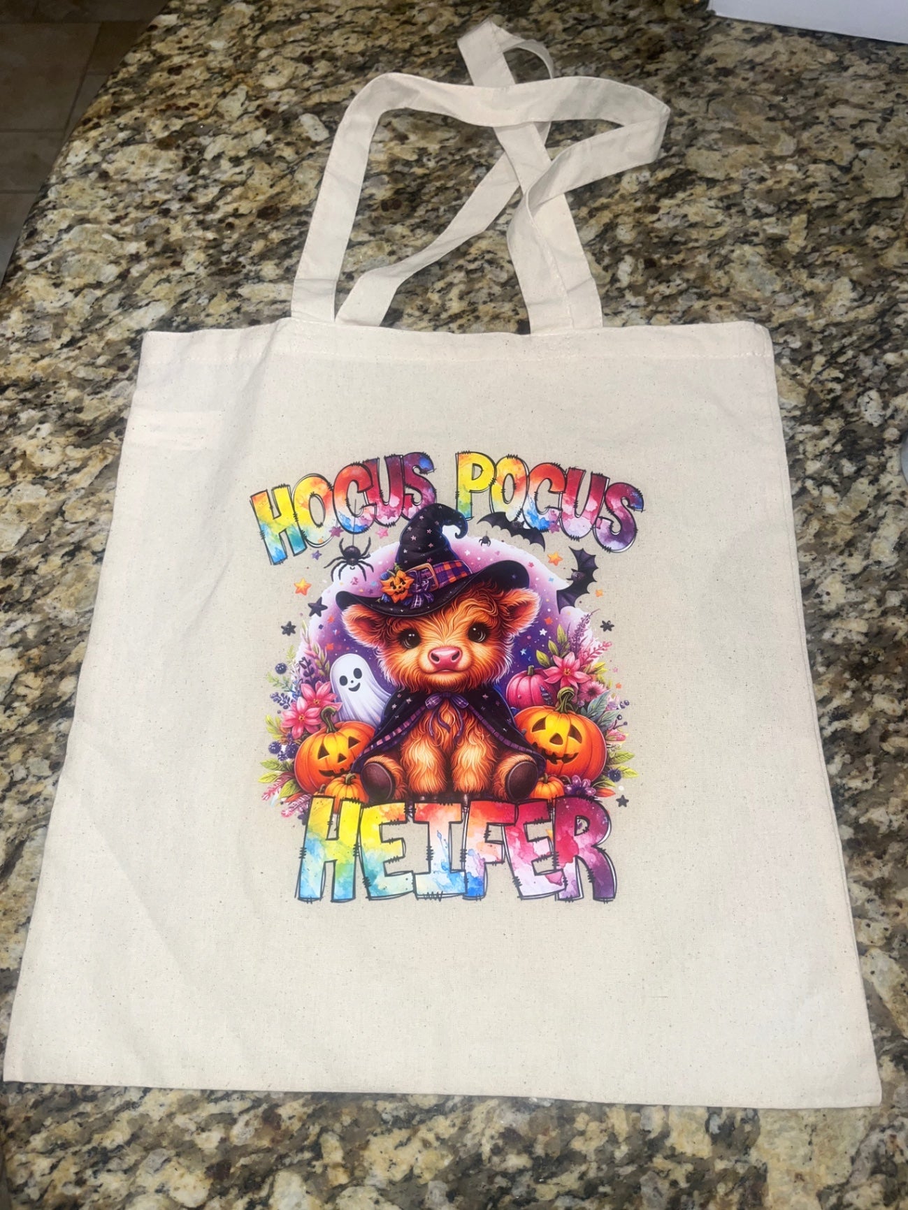 "Hocus Pocus Heifer" Highland Cow Ghost Tote bag