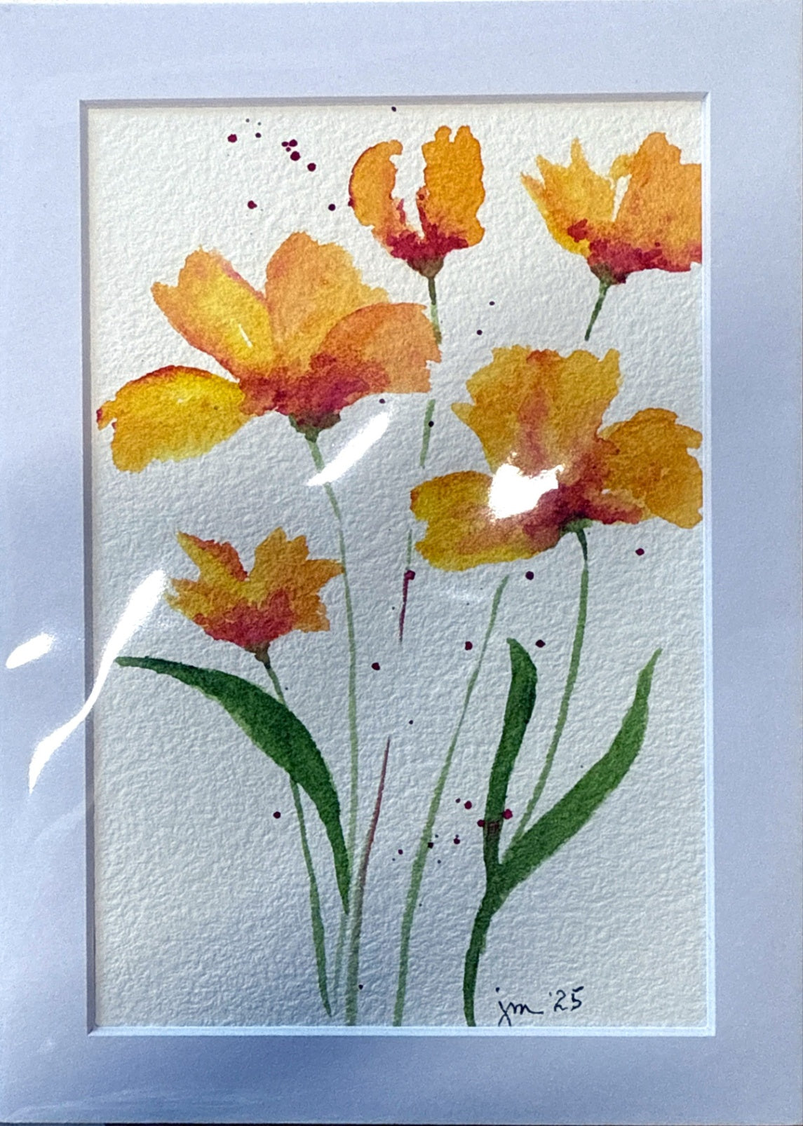 Golden Flowers Water Color Painting Matted 