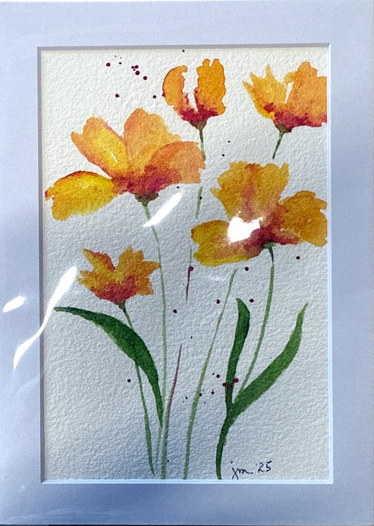 Golden Flowers Water Color Painting Matted 