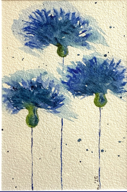 Blue Flowers Water Color Painting Matted 