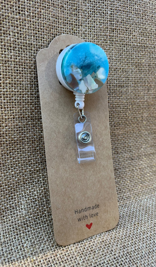 Seaside Sparkle Resin Badge Reel with Shells