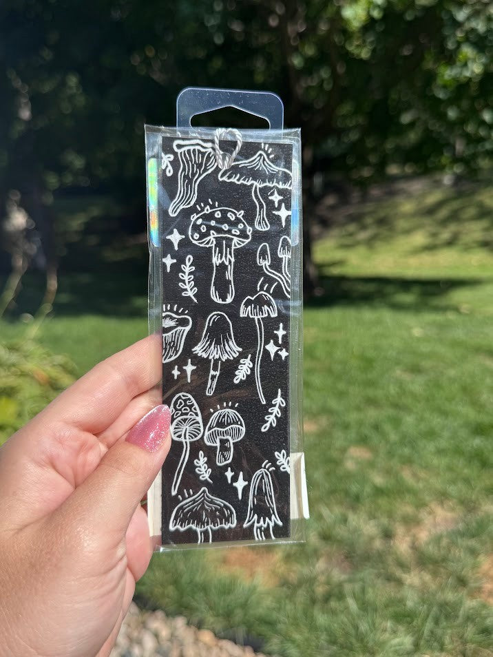 Handmade Black Bookmark with White Hand-Drawn Mushrooms