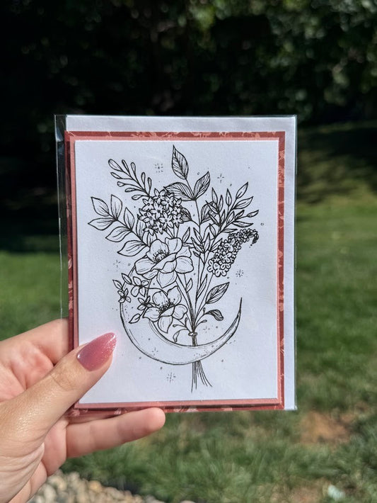 Floral Moon Blank Card – Whimsical – Handmade
