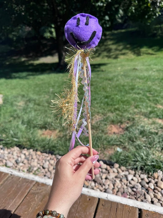 Purple Smiley Fairy Wand – Felt Design with Ribbons & Bells - Handmade