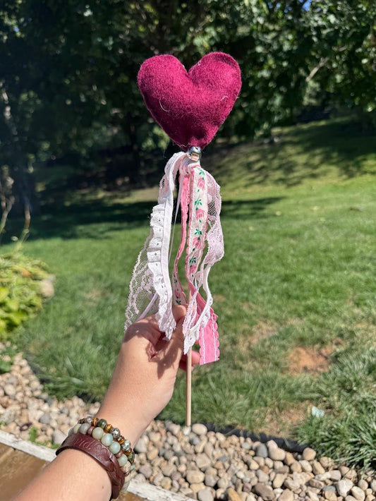 Red Heart Fairy Wand – Felt Design with Ribbons & Bells - Handmade