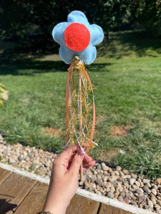 Blue and Orange Flower Fairy Wand – Felt Design with Ribbons & Bells - Handmade