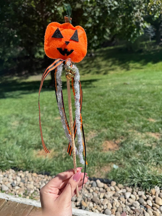 Jack-o-Lantern Fairy Wand – Felt Design with Ribbons & Bells - Handmade