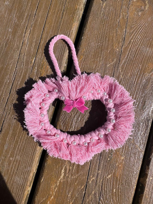 Pink Heart Wall Hanging – Frayed Rope & Bow – Handmade