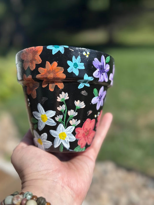 Black Floral Flower Pot – 4” Terracotta – Hand-Painted
