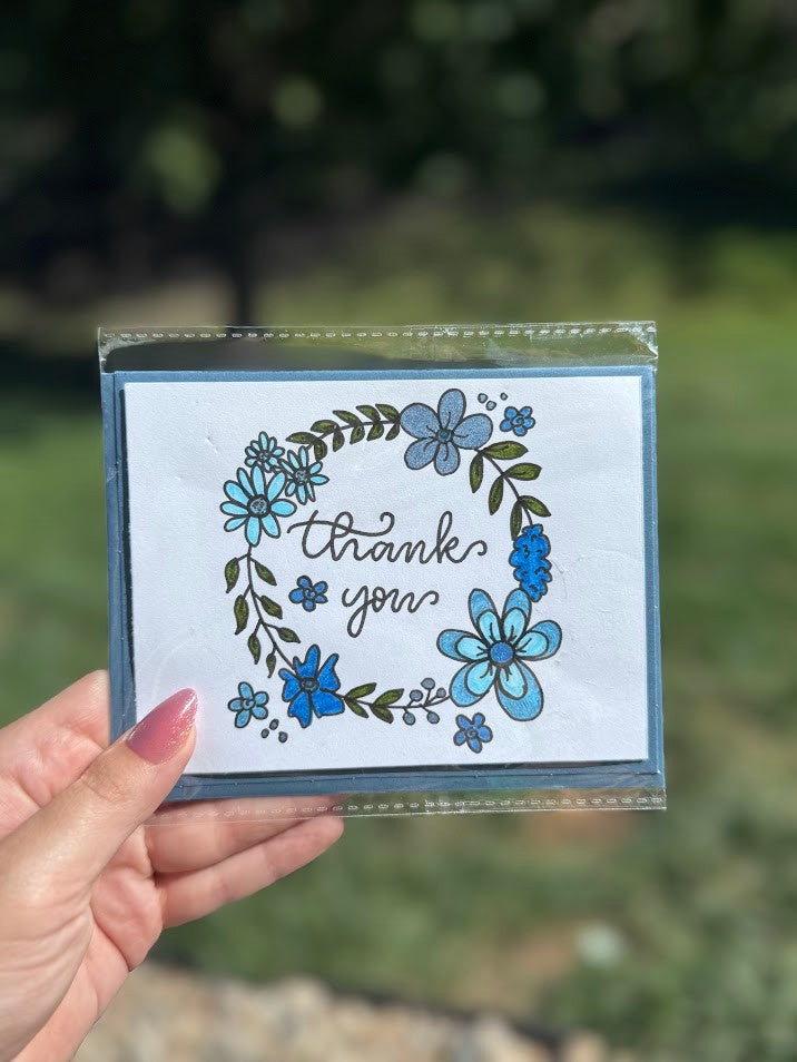 Thank You Floral Card – Flower Wreath Doodle – Handmade
