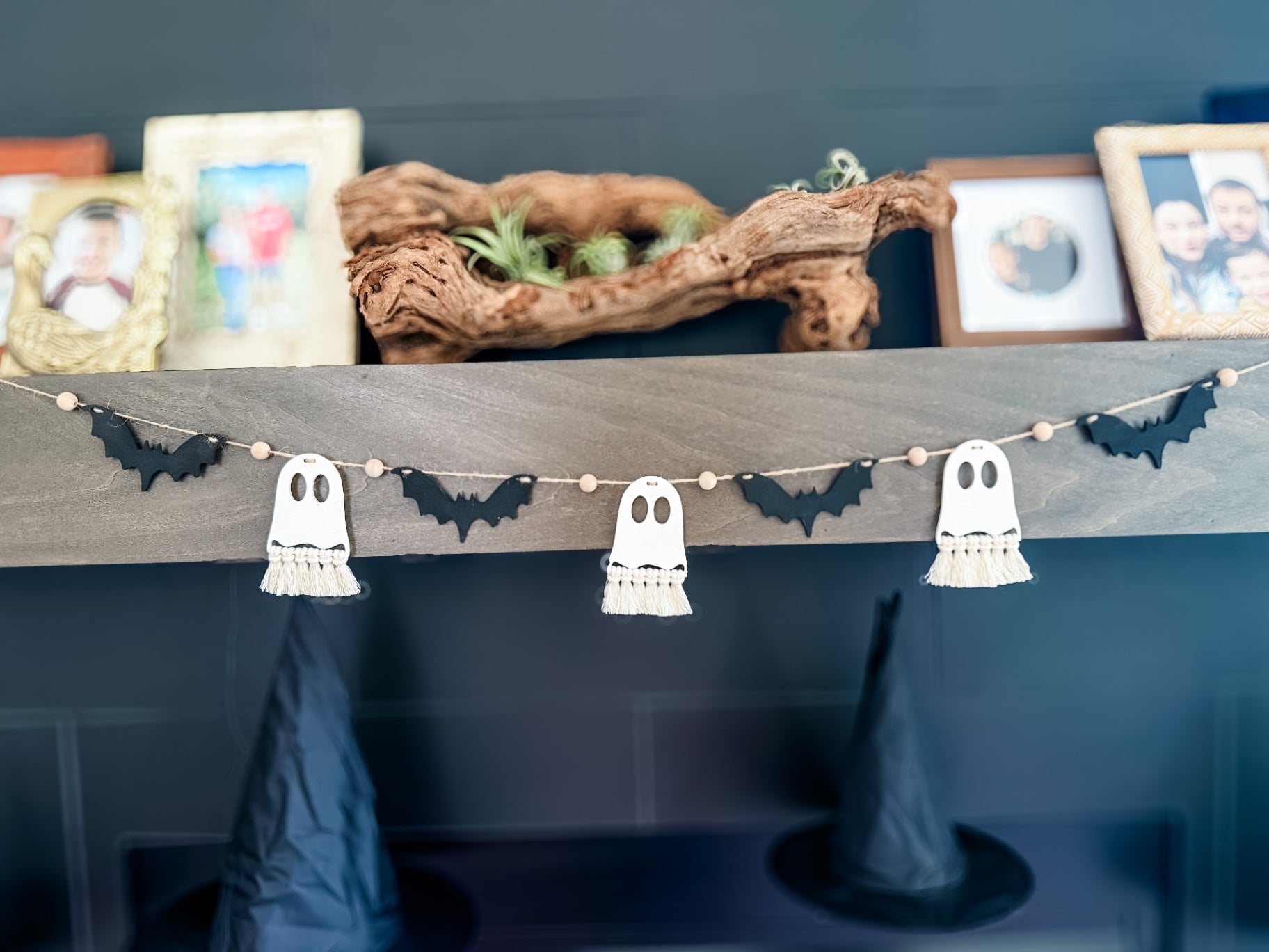 Macrame Ghost and Bat Garland - Neutral Beads