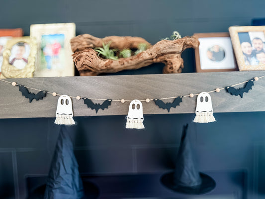 Macrame Ghost and Bat Garland - Neutral Beads