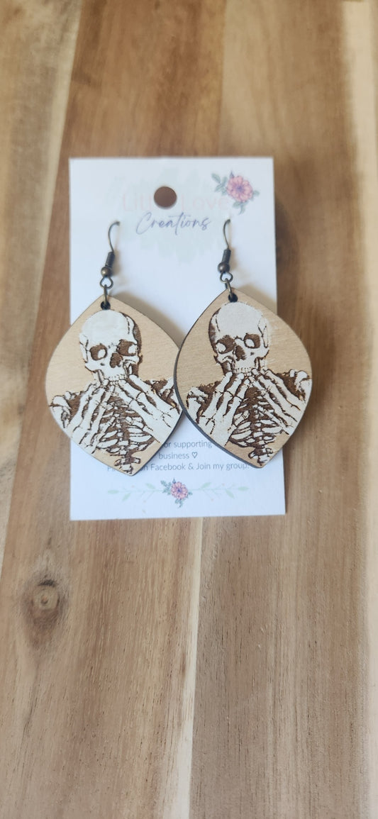 Wood Skull Teardrop Dangles