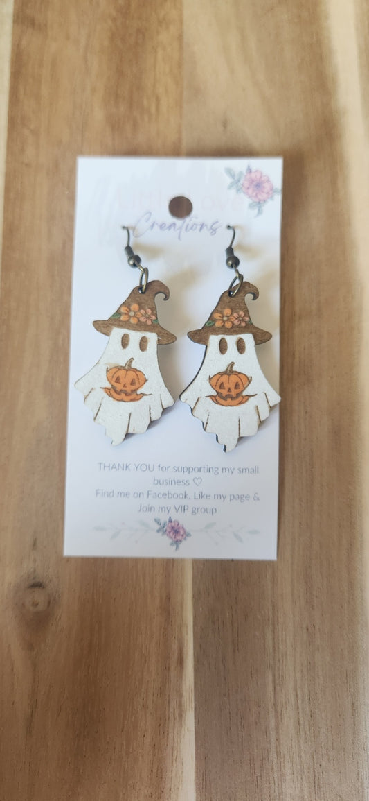 Wood Witchy Pumpkin Ghost Dangle