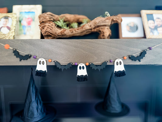 Macrame Ghost and Bat Garland - Orange + Purple Beads