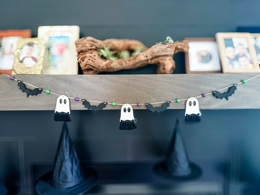Macrame Ghost and Bat Garland - Green + Purple Beads