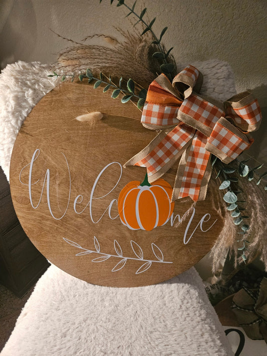 Welcome door sign with pumpkin