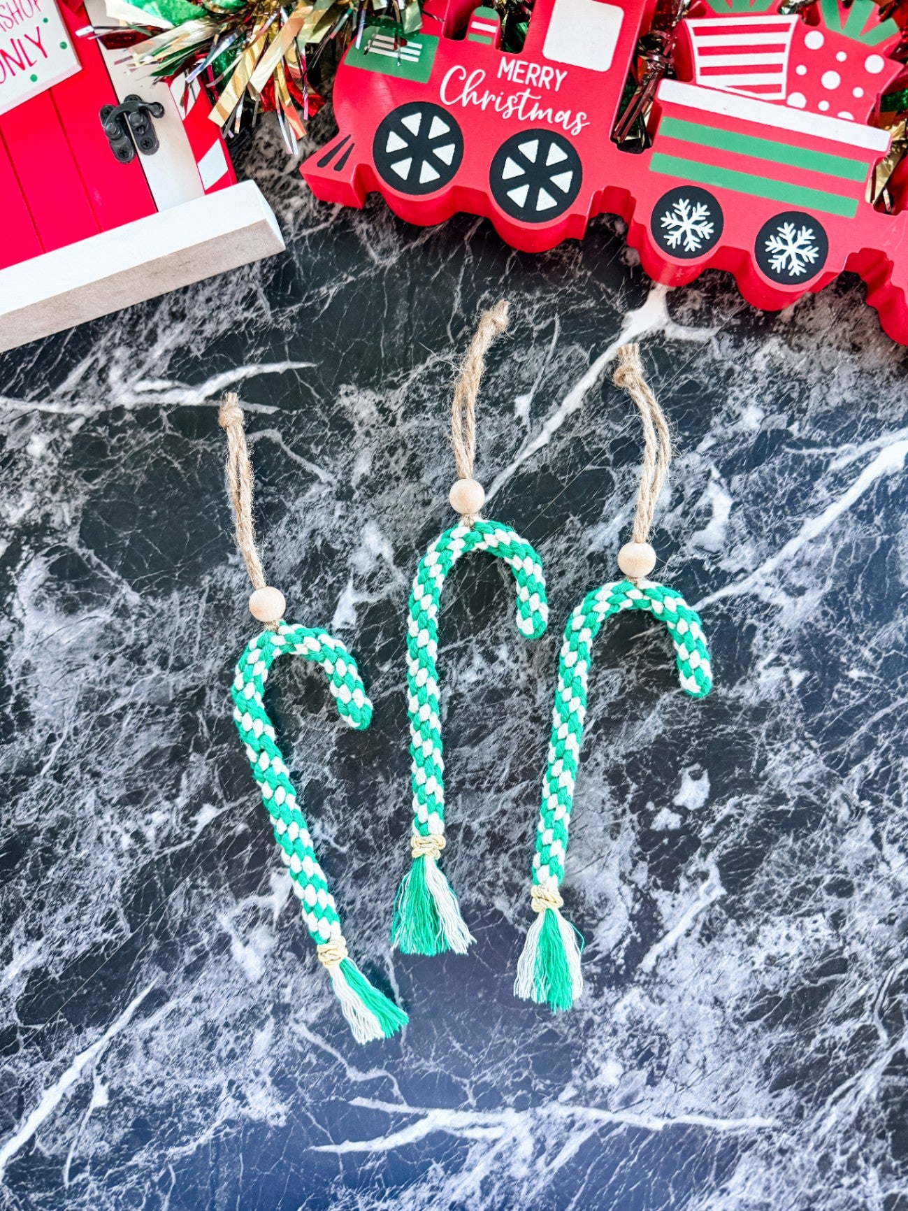 Macrame Candy Cane Ornament (Green)