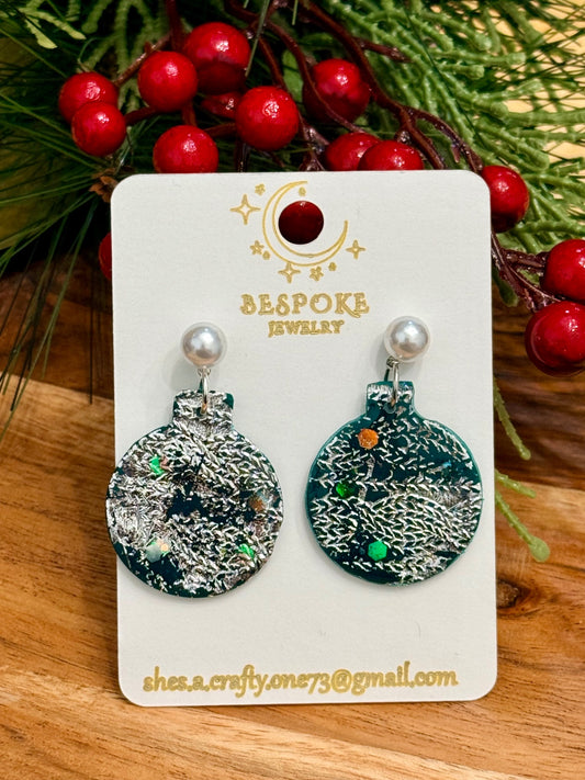 Festive Green Ornament Clay Earrings – Silver Foil, Glitter & Pearl Accent