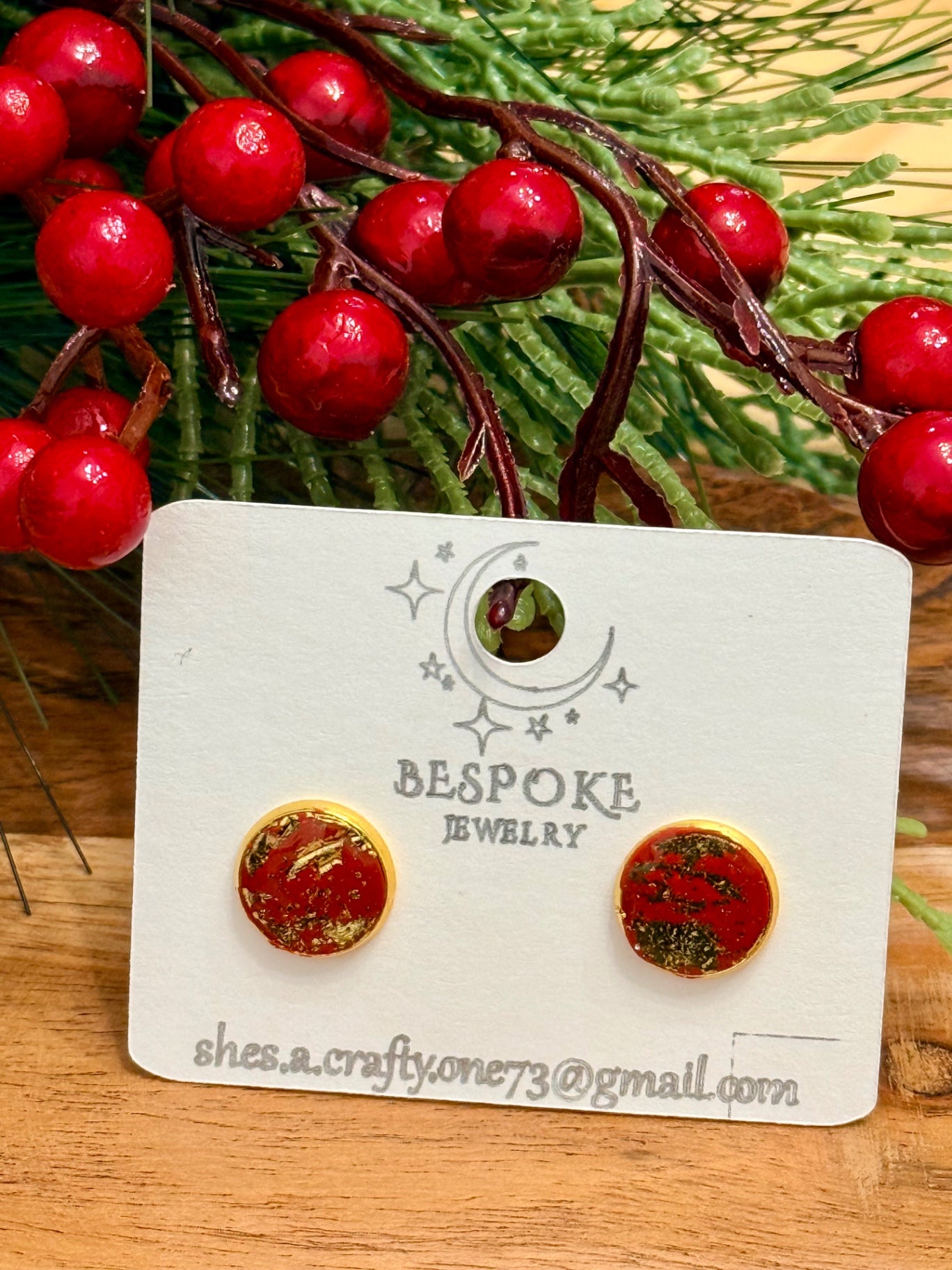 Red with Gold Accent Round Polymer Clay Stud Earrings