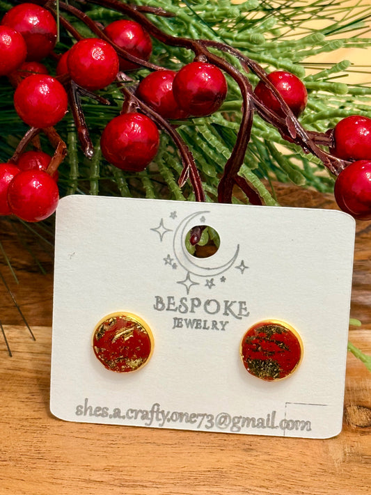 Red with Gold Accent Round Polymer Clay Stud Earrings