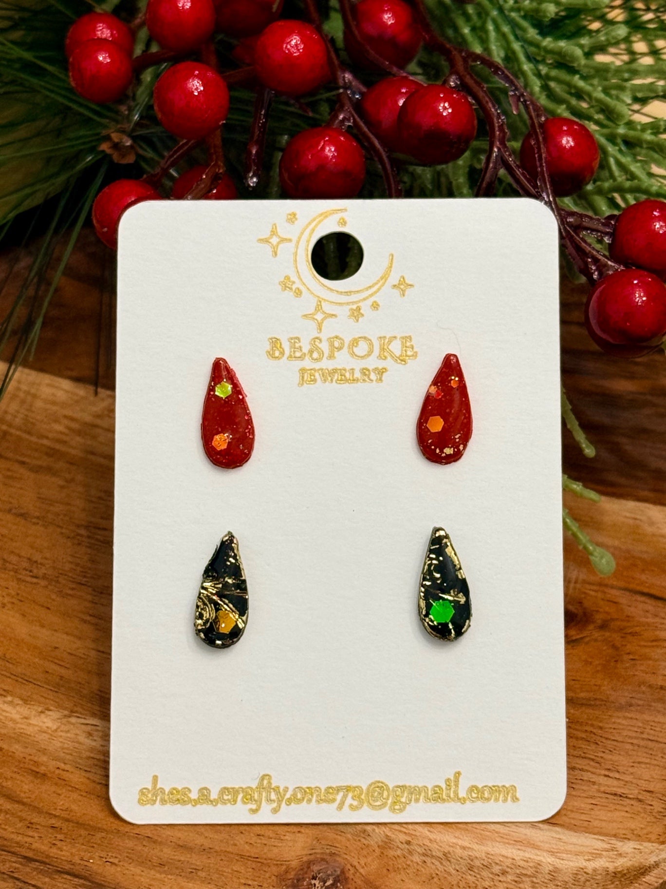 Two Pair Set – Red & Green Glitter Teardrop Polymer Clay Earrings