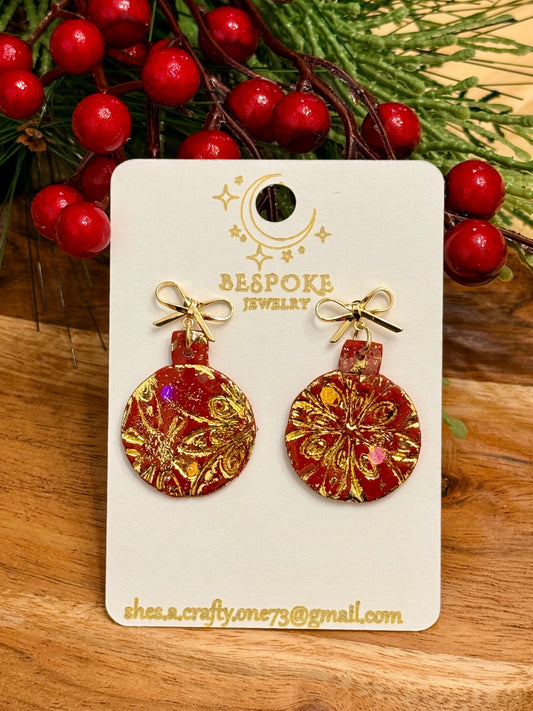 Red with Gold Accent Christmas Ornament Polymer Clay Dangle Earrings