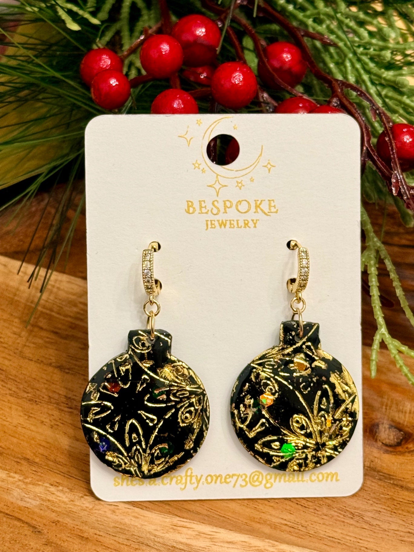 Black & Gold Christmas Ornament Clay Earrings