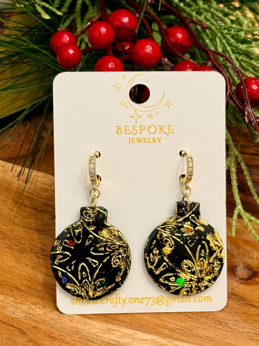 Black & Gold Christmas Ornament Clay Earrings