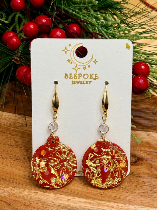 Red Christmas Ornament Polymer Clay Dangle Earrings with Gold Accents