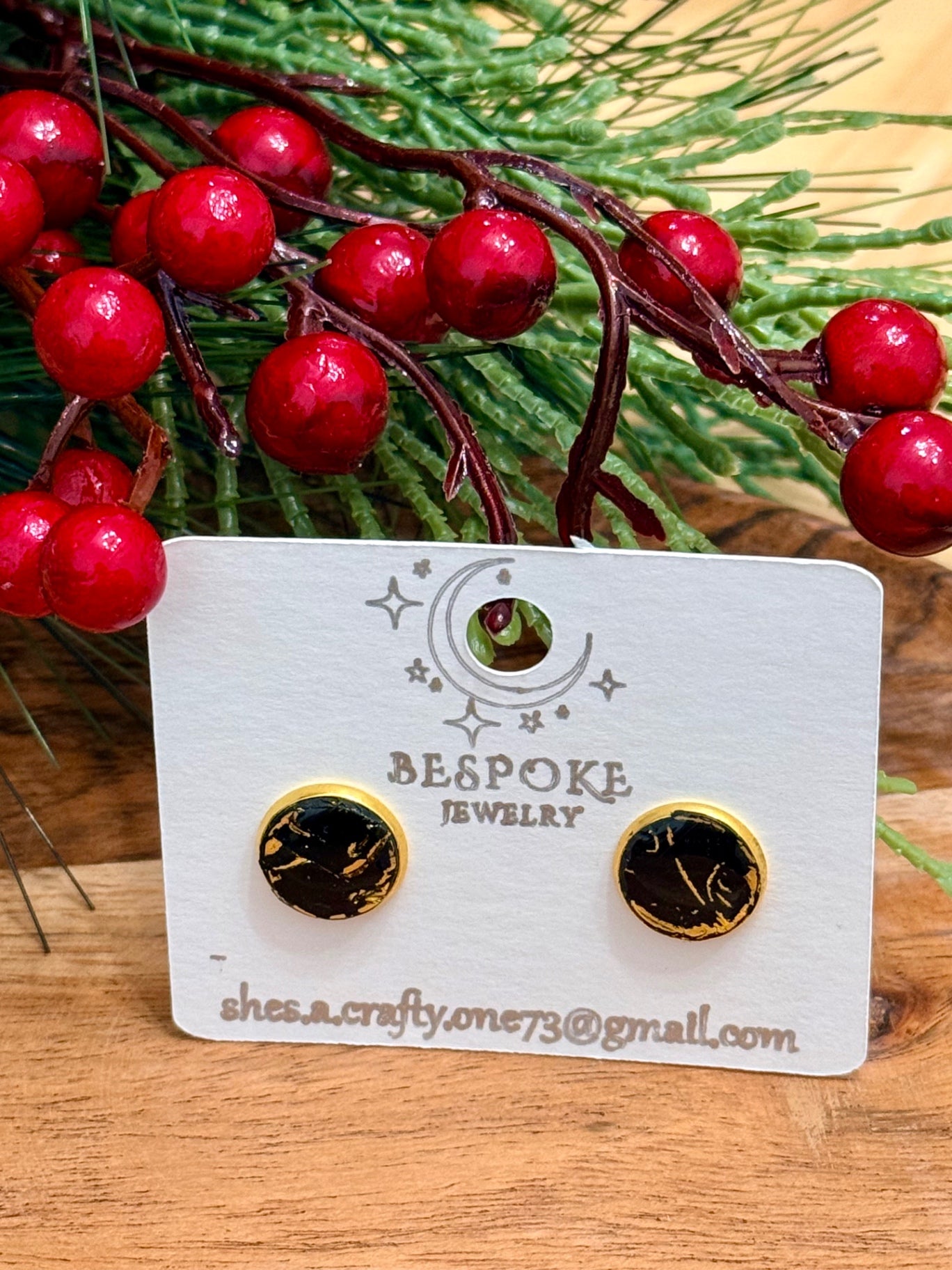 Gold-Accented Black Polymer Clay Stud Earrings