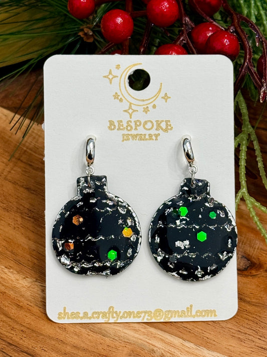 Black Ornament Polymer Clay Earrings with Silver Accents & Glitter
