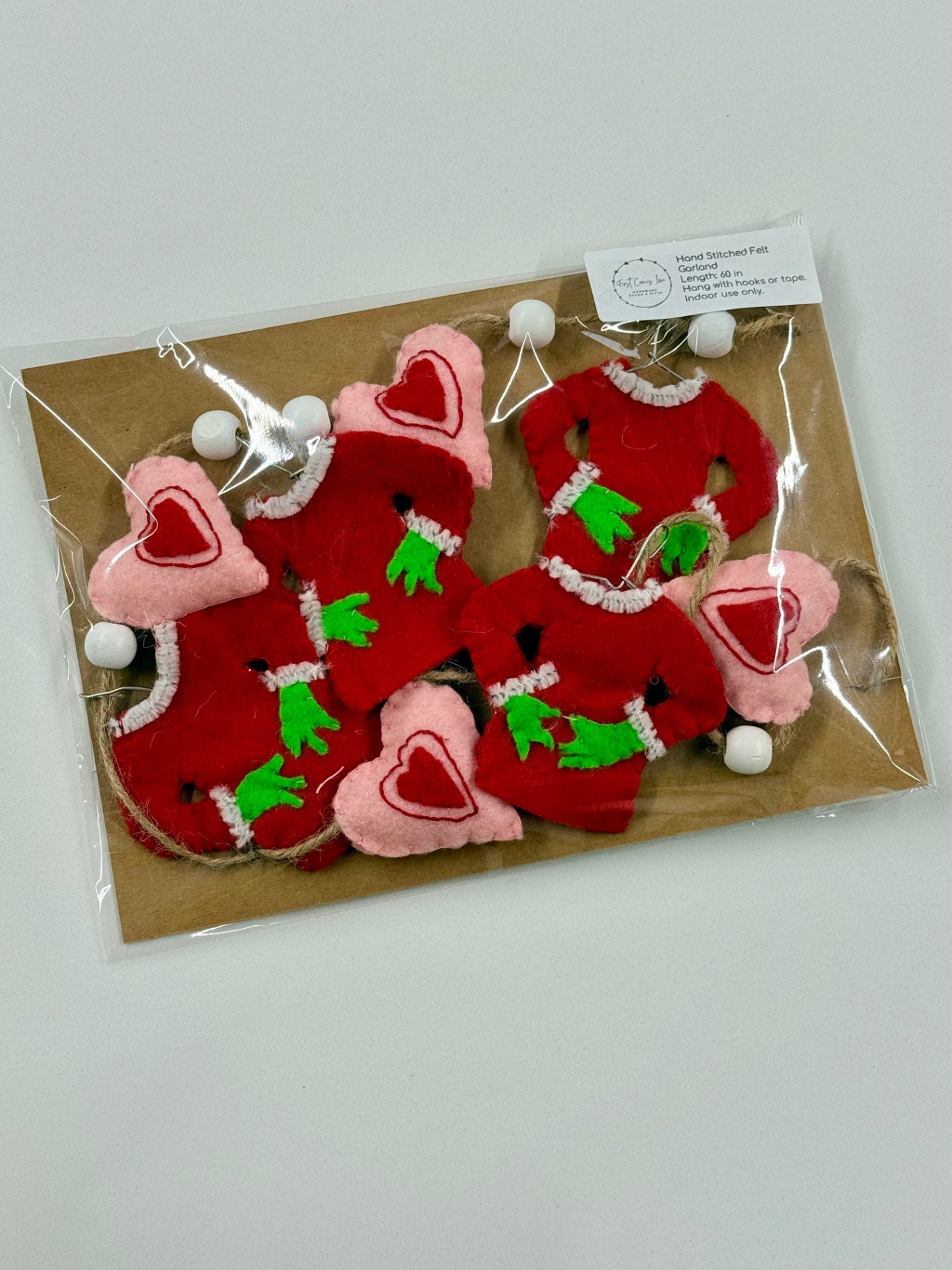 Hand Stitched Felt Green Sweater & Heart Garland – 60"