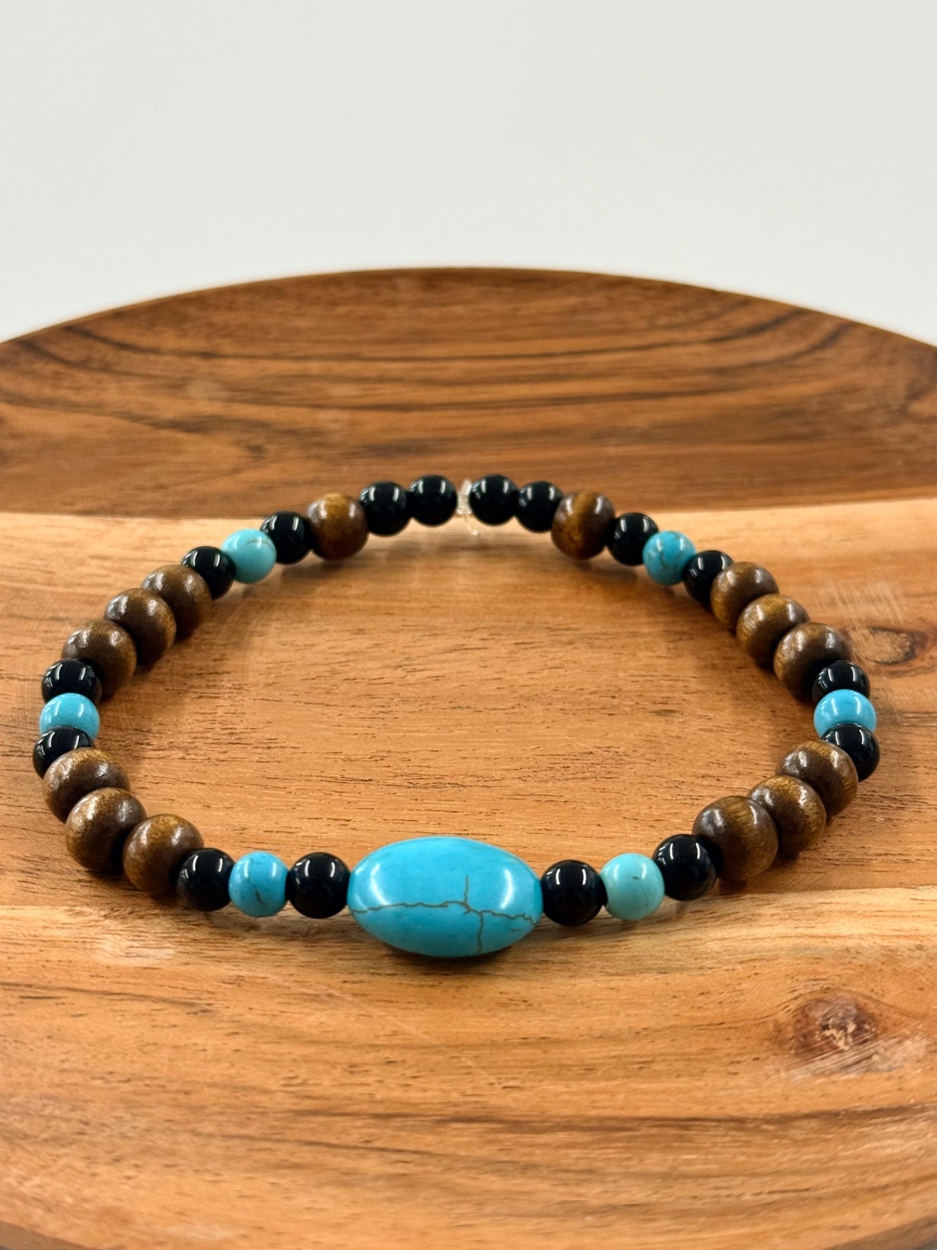 Boho Wooden & Turquoise Beaded Bracelet – Earthy Handcrafted Style