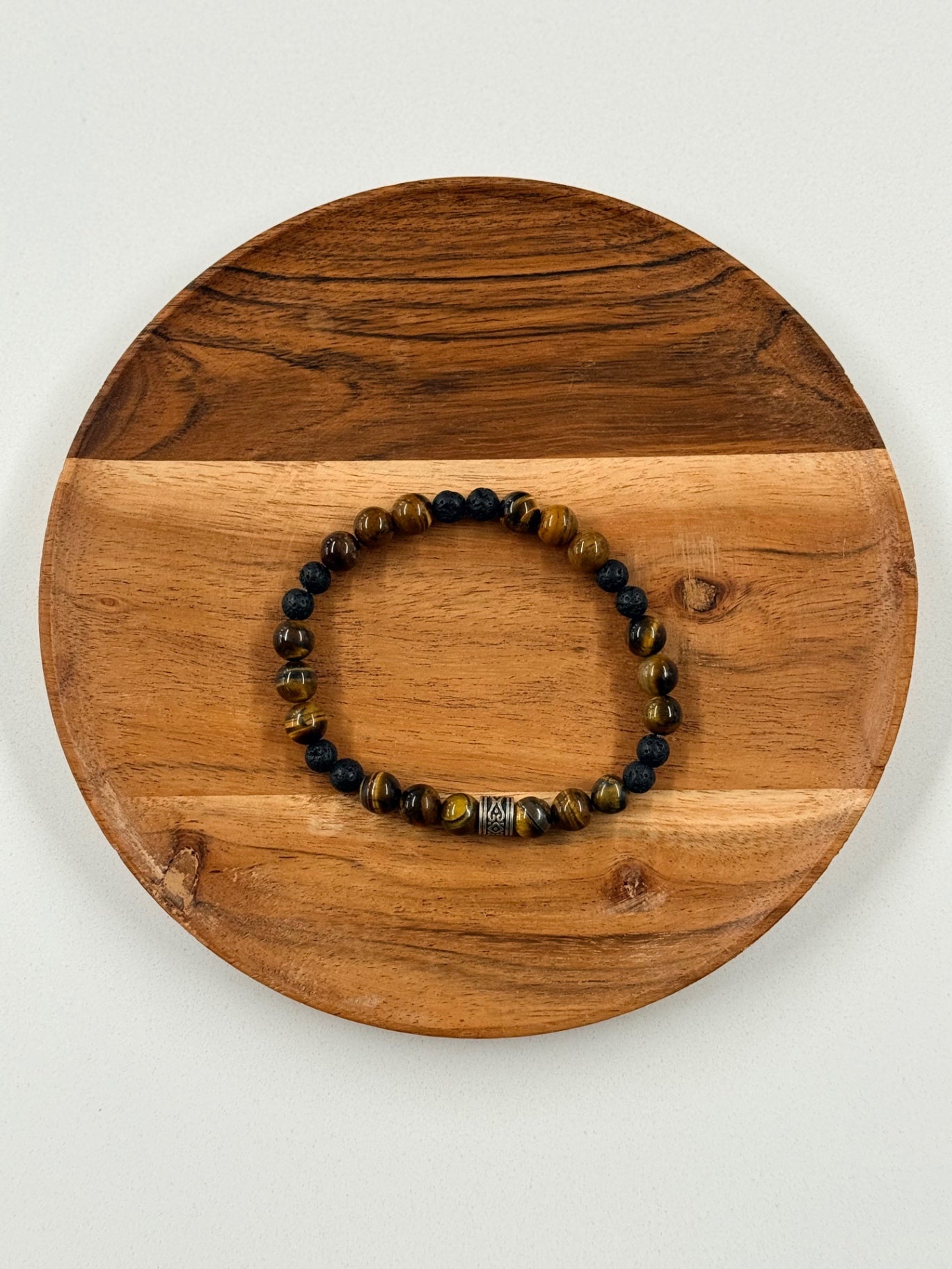 Earthy Glass & Lava Bead Bracelet with Metal Accent – Handcrafted Natural Jewelry
