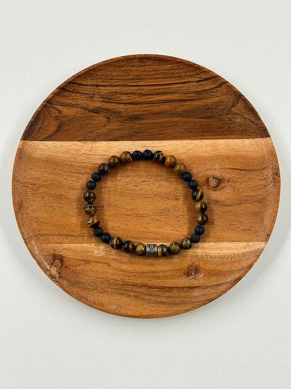 Earthy Glass & Lava Bead Bracelet with Metal Accent – Handcrafted Natural Jewelry