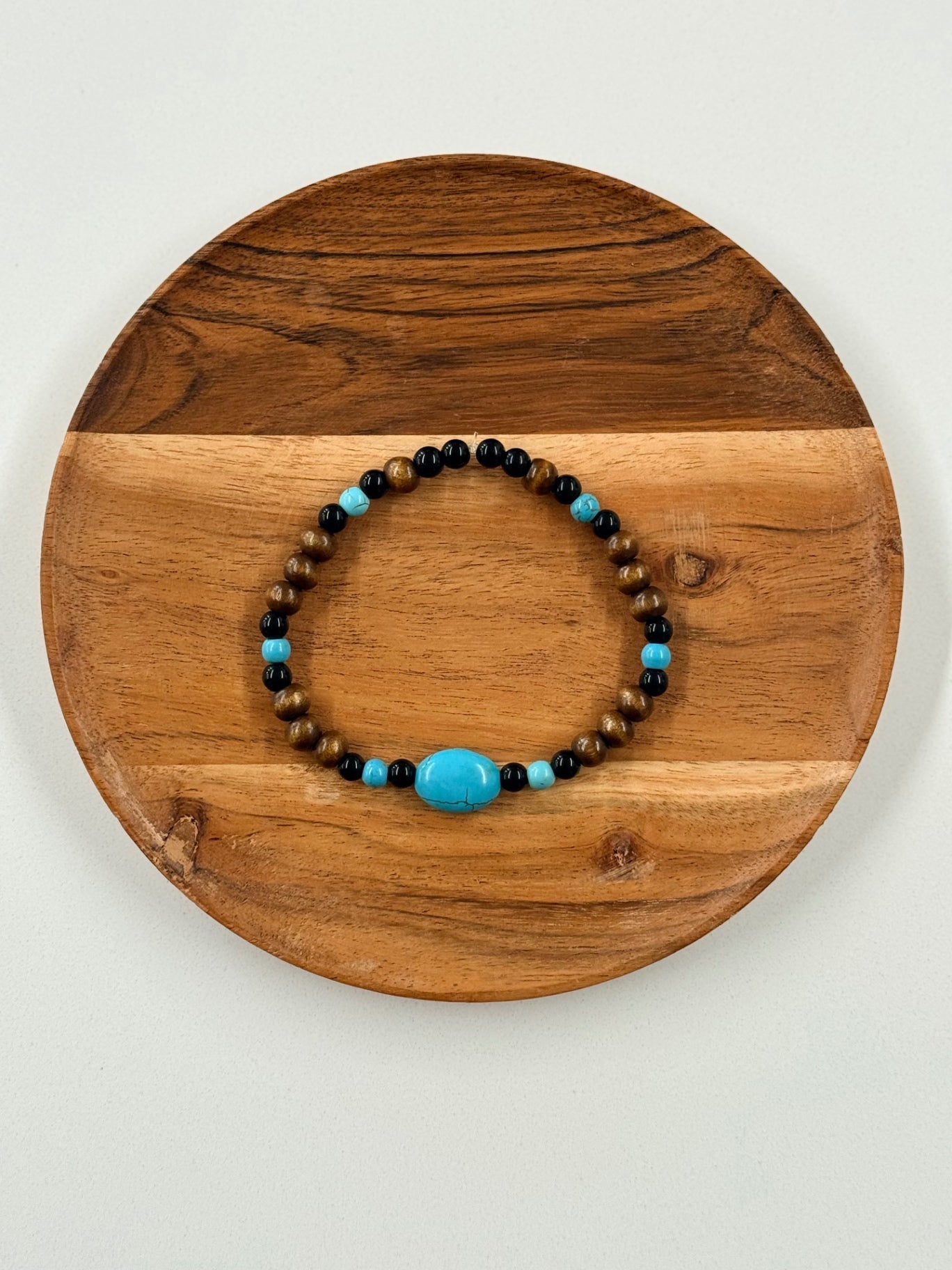 Boho Wooden & Turquoise Beaded Bracelet – Earthy Handcrafted Style