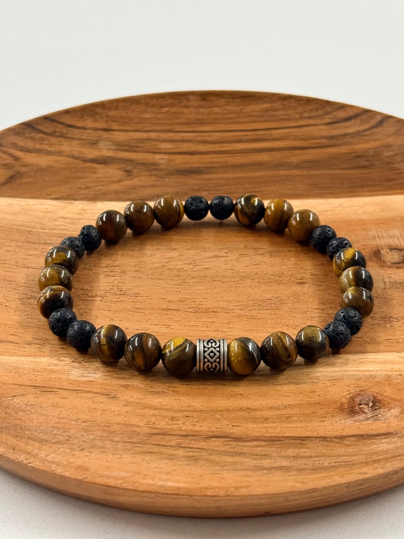 Earthy Glass & Lava Bead Bracelet with Metal Accent – Handcrafted Natural Jewelry
