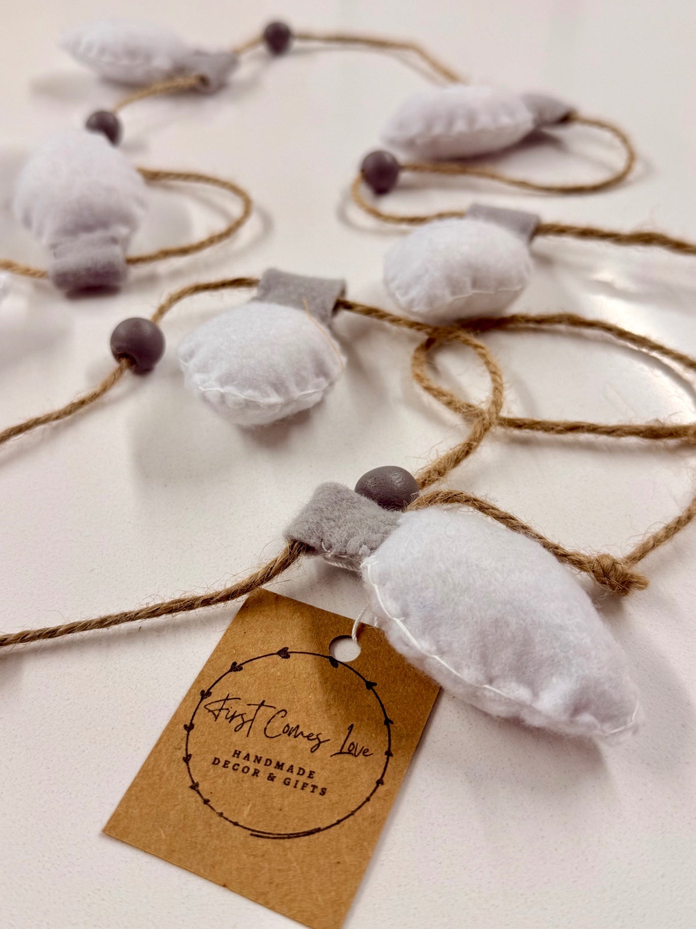 Hand Stitched Felt Christmas White Light Bulb Garland – 60"