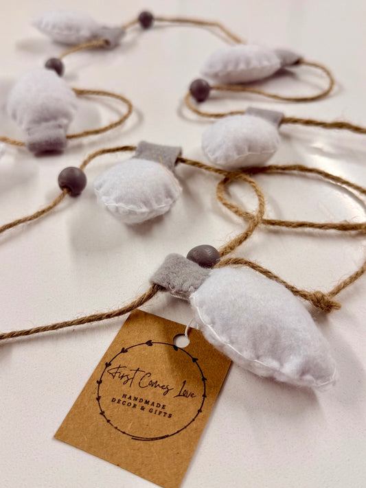 Hand Stitched Felt Christmas White Light Bulb Garland – 60"