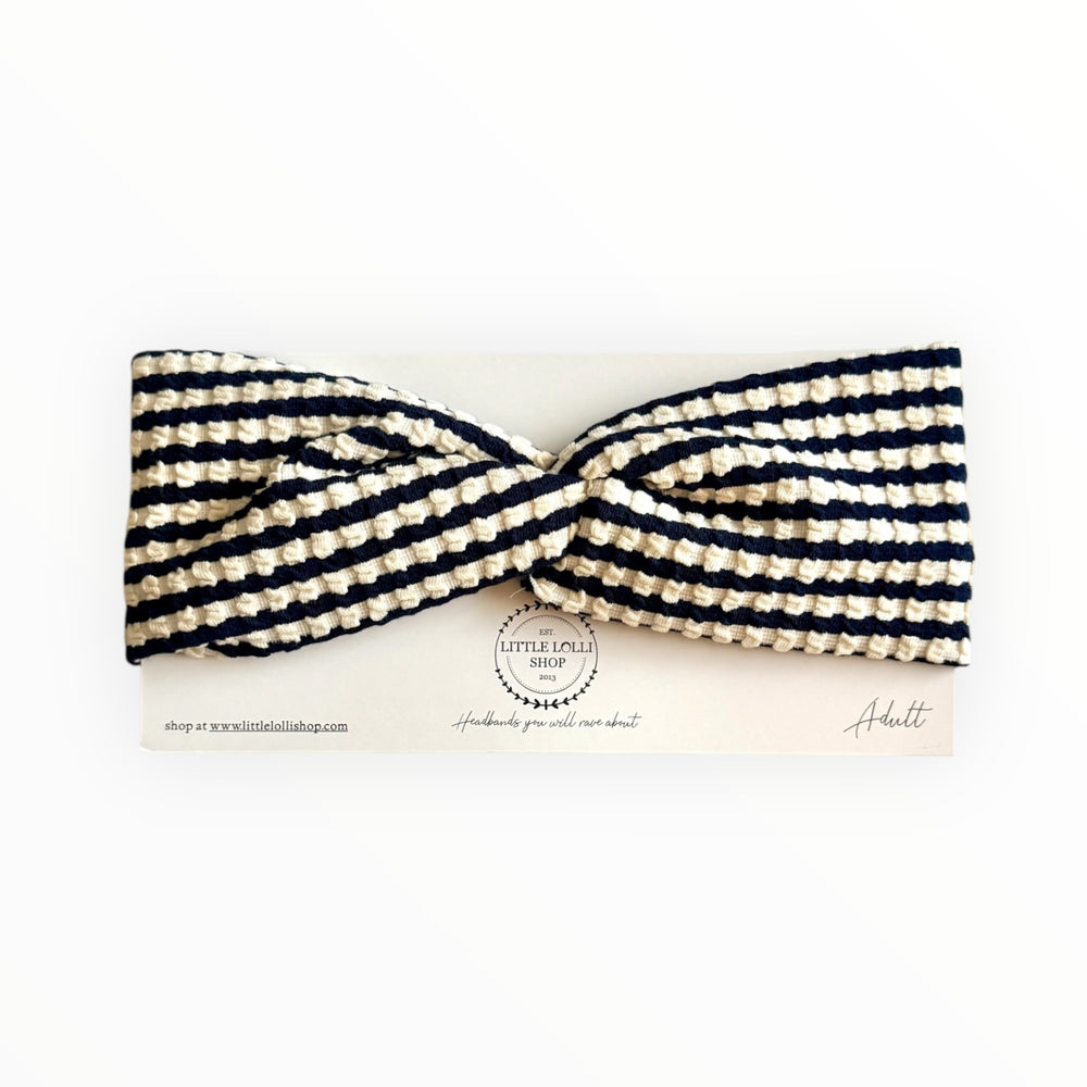 035 - White Textured Headband with Blue Stripes