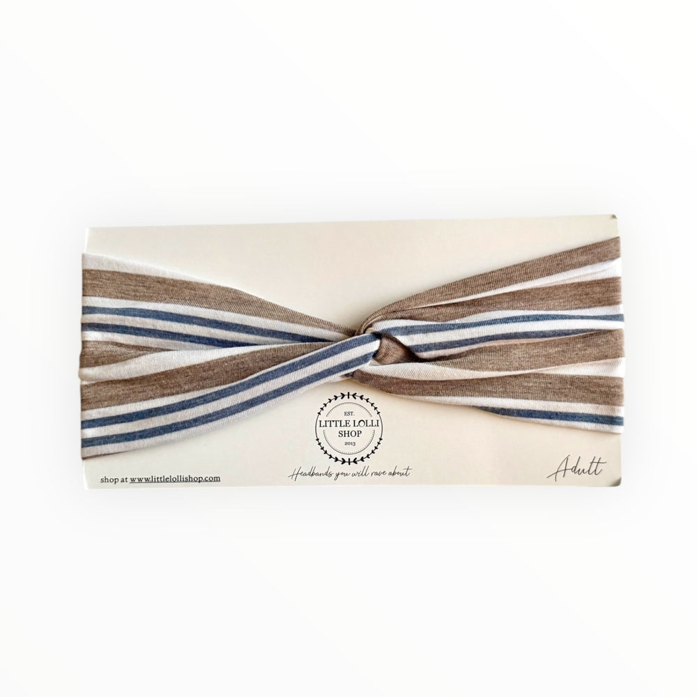 035 - White Headband with Greige and Blue Stripes