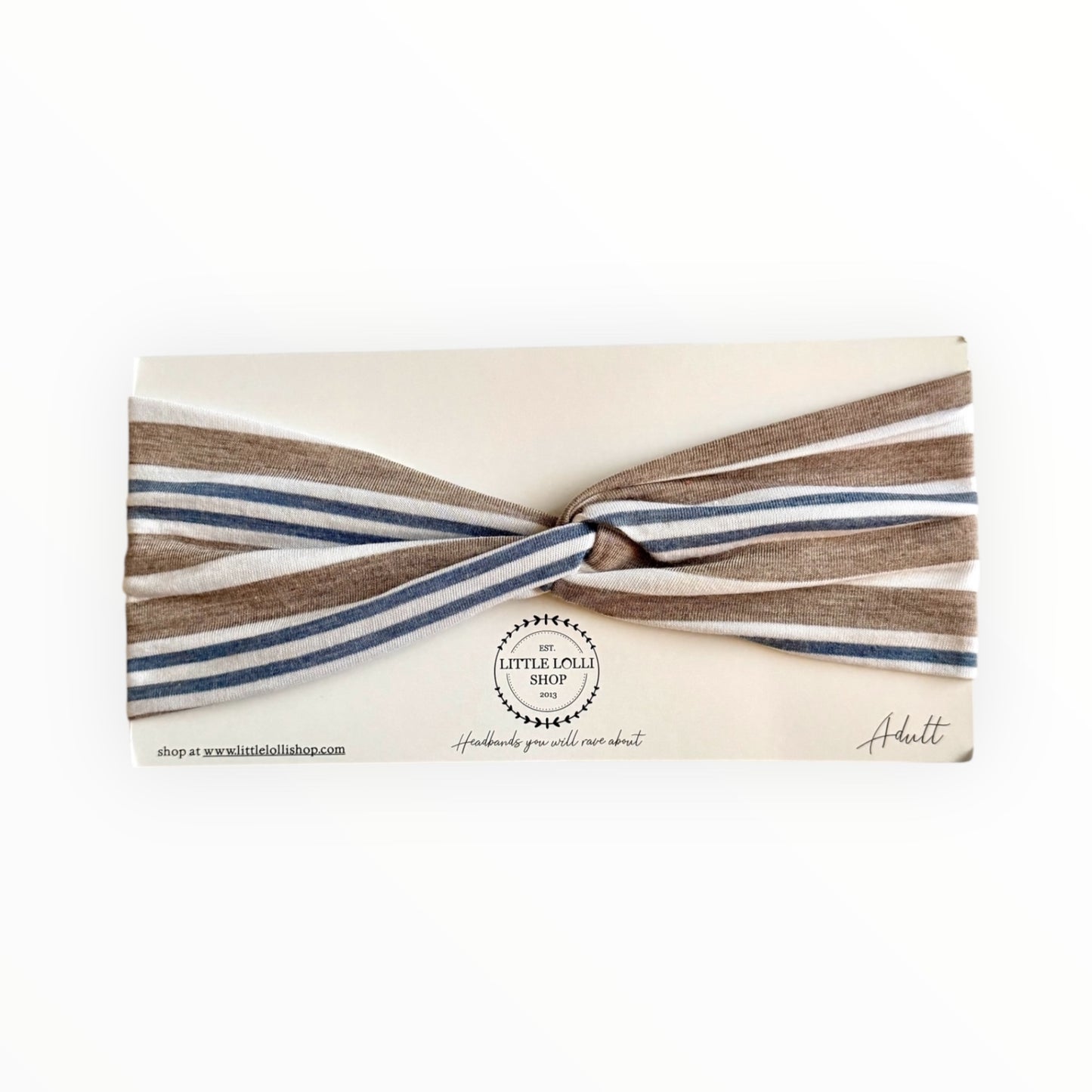 White Headband with Greige and Blue Stripes 