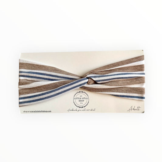 White Headband with Greige and Blue Stripes 