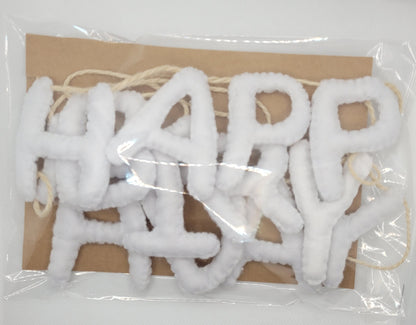 047 - Hand stitched "HAPPY BIRTHDAY" white felt garland, 60"