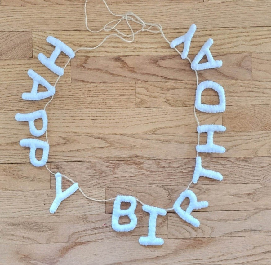 047 - Hand stitched "HAPPY BIRTHDAY" white felt garland, 60"